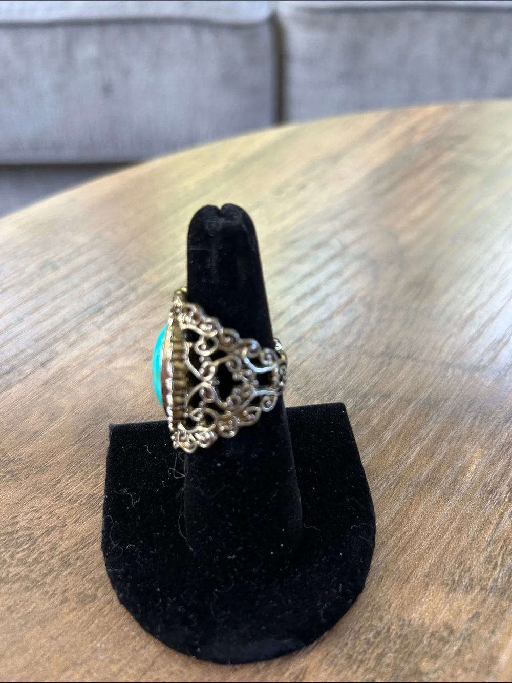 Vintage Turquoise Oval Statement Ring with Crystal Halo - Women Jewelry 7 1/2